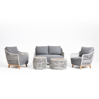 Natural - 5-piece Sofa Set, two tables with ceramic tempered glass, 1 loveseat, 2 single lounge chairs,teak leg, aluminum frame, grey cushions,grey rope, white background- Sunsitt Signature